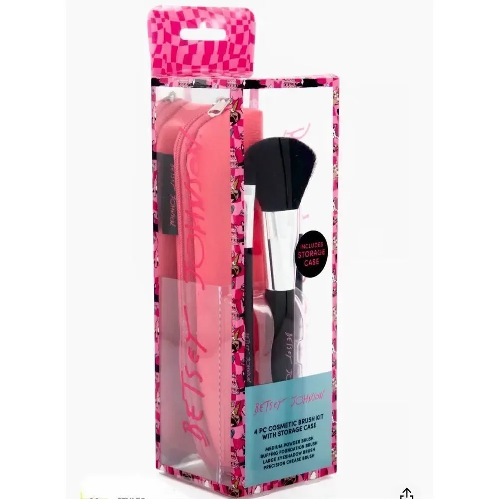 NWT Betsey Johnson Gorgeous 4Pcs Cosmetic Brush Kit Set with Storage Pink/Black